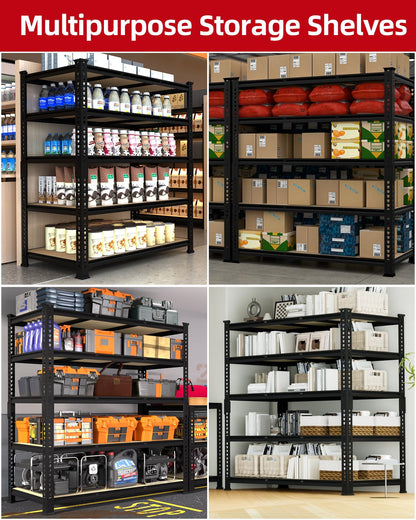 PrimeZone Heavy Duty Garage Storage Shelves - 48" W X 24" D X 72" H Adjustable Metal Shelving Unit, 5 Tier Industrial Shelves for Storage Standing Utility Rack for Warehouse, Basement, Black, 2 Pack