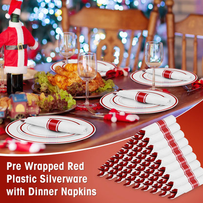 100Pack Red Pre Rolled Plastic Silverware - Wrapped Red Disposable Cutlery with Napkins, Heavy Duty Rolled Plastic Silverware Set, Disposable Utensils with Dinner Napkins for Valentine's Day