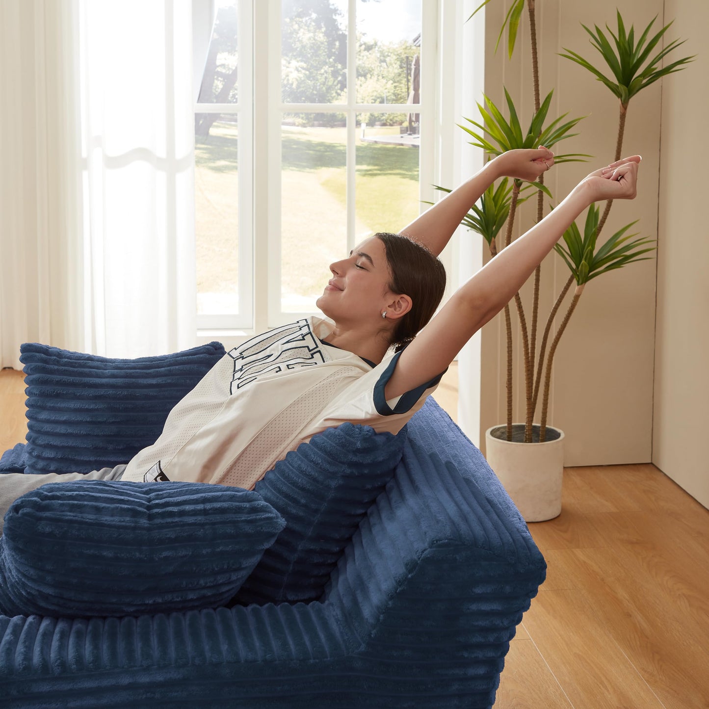 KEIKI 78.7" Oversized Indoor Chaise Lounge, Plush Corduroy Boneless Sofa Bed with 3 Pillows, Deep Seat Cloud Couch No Assembly for Bedroom Relaxation