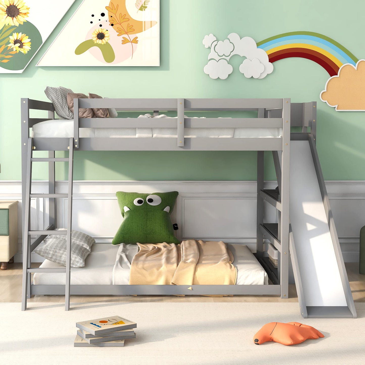 Merax Modern Full Over Full Wood Bunk Bed with Ladders and Slide, Floor Bunk Bed Frame with Storage Shelves, No Box Spring Needed, Space-Saving Grey