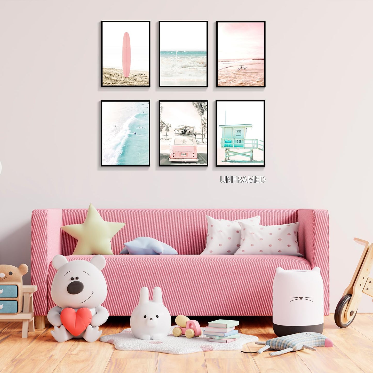 mifyuibytr Set of 6 Beach Canvas Wall Art, 8x10in Tropical Summer Ocean Coastal Posters, Preppy Gallery Beach Prints, Girly Nautical Surfboard Bus Room Decor, California Beachy Pictures Unframed