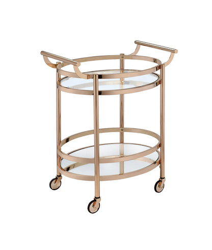 CNPOP Modern Clear Glass & Rose Gold Bar Cart with Wheels, Oval Serving Cart with 2-Tier Shelves & Metal Frame, Mirrored Bottom Shelf, Rolling Drink Cart for Kitchen, Dining Room & Living Room