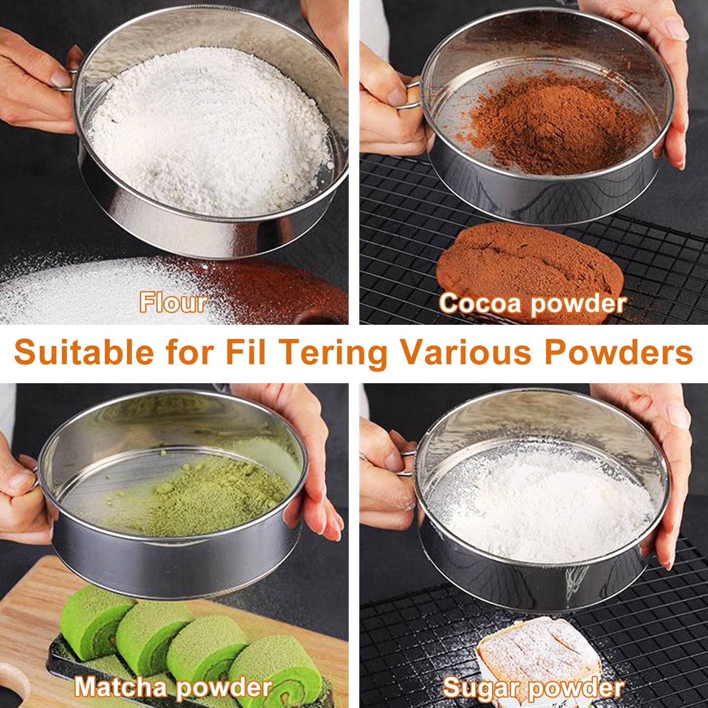 SWZHAI Flour Sifter for Baking 2 Pack, Round Flour Sifter Stainless Steel 6 Inch 60 Mesh and 8 Inch 40 Mesh Sieve Fine Meshs Flours Sieve Set for Baking Cake Bread Pastries