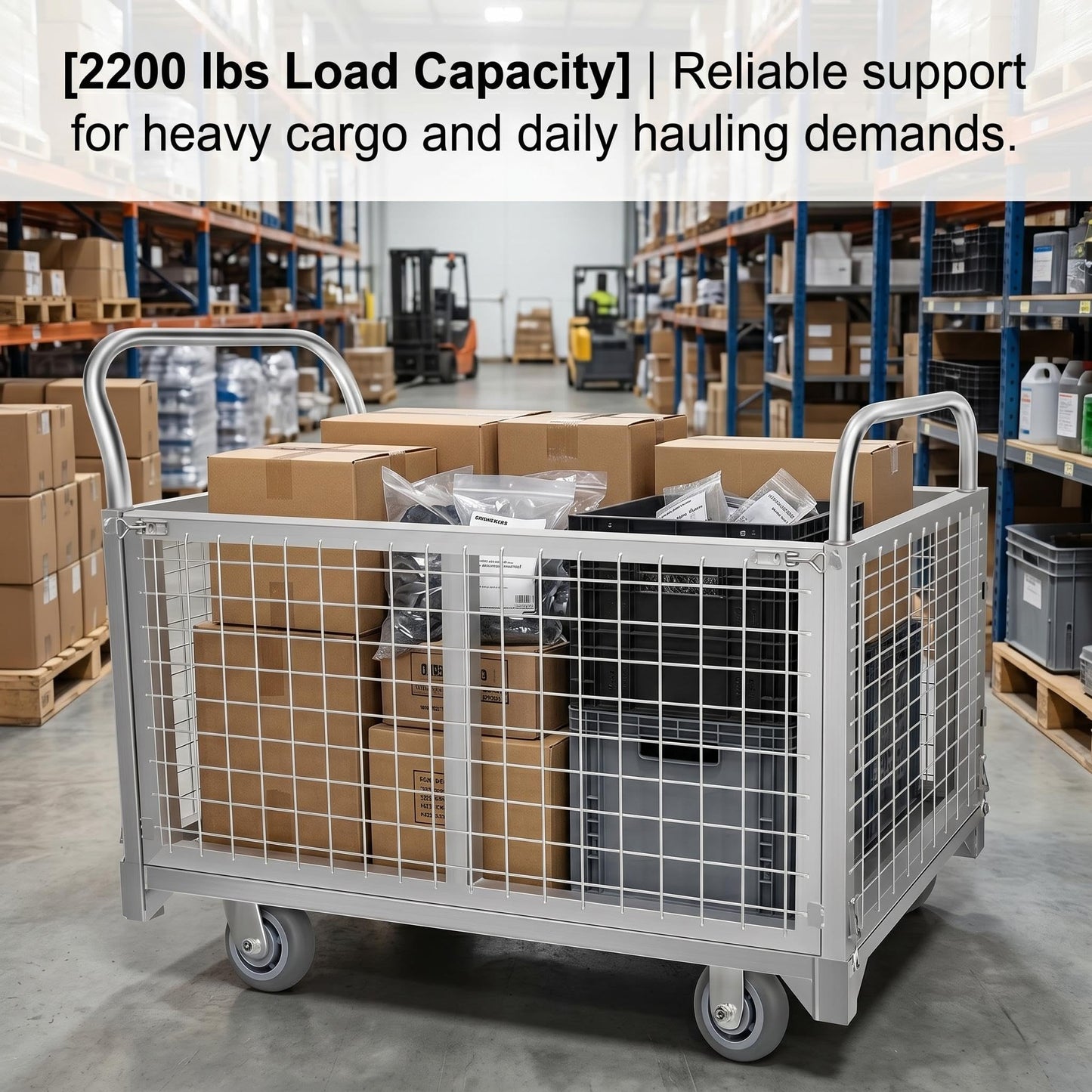4-in-1 Rolling carts with cage, Multi-Purpose Heavy-Duty Duty cart, 2200-pound Capacity, Folding cart with 5-inch Wheels, for Groceries, Garage, Warehouse (39.4 inches Long x 23.6 inches Wide)