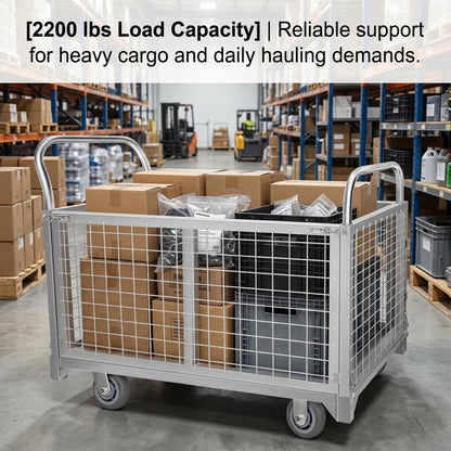 4-in-1 Rolling carts with cage, Multi-Purpose Heavy-Duty Duty cart, 2200-pound Capacity, Folding cart with 5-inch Wheels, for Groceries, Garage, Warehouse (39.4 inches Long x 23.6 inches Wide)