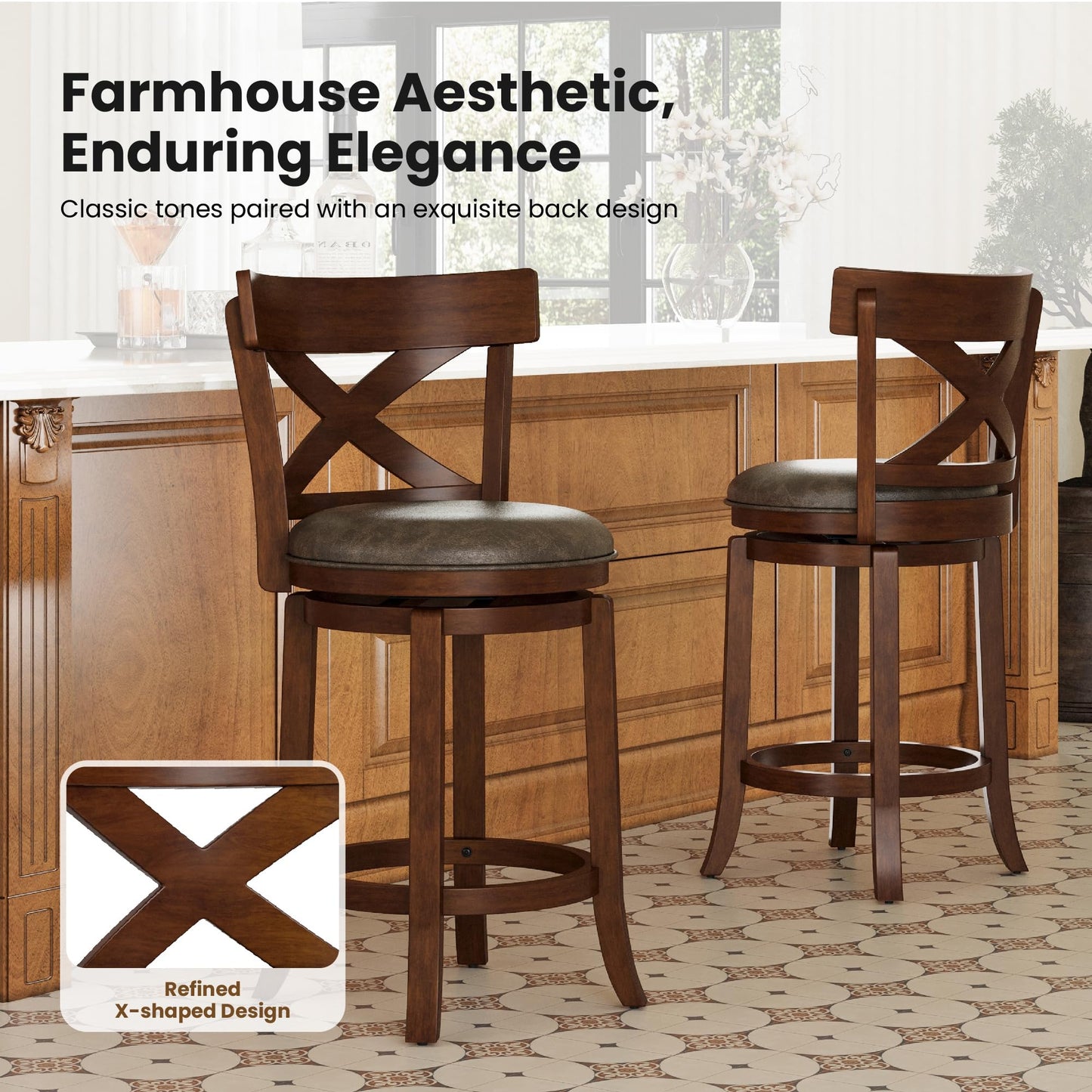 PHI VILLA 26 inch Counter Height Bar Stools Set of 4, Swivel Bar Stools with Back, Wooden Bar Chairs Faux Leather Kitchen Counter Stools