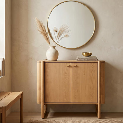 AllForWood Apollo Mid-Century Modern Wooden Accent Cabinet, Buffet and Media Console, Storage Cabinet with Solid Wood Legs, Soft-Closed Hinges and Adjustable Shelves (Light Oak)