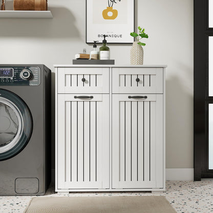 Laundry Cabinet with 2 Removable Laundry Basket 2 Drawers Durable and Easy to Clean Tilt Out Hamper Organization Storage Sorters for Bathroom Living Room Entryway Particle Board White