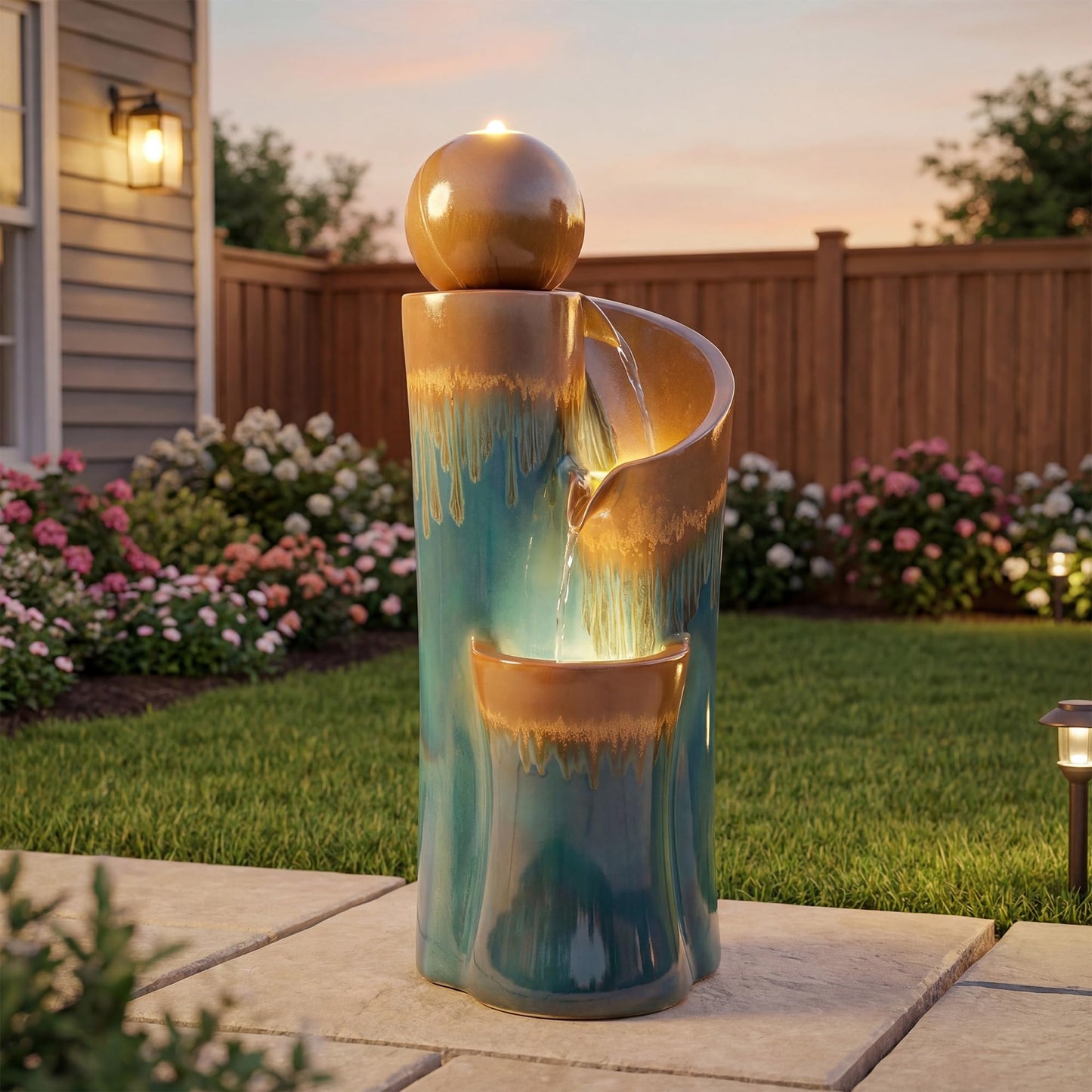 Ultym 32" H Ceramic Outdoor Water Fountain with LED Lights, 3-Tier Cascading Sphere Water Feature, Tranquil Waterfall for Relaxing Garden, Patio, Yard, or Porch, Teal & Copper Drip-Glaze Finish