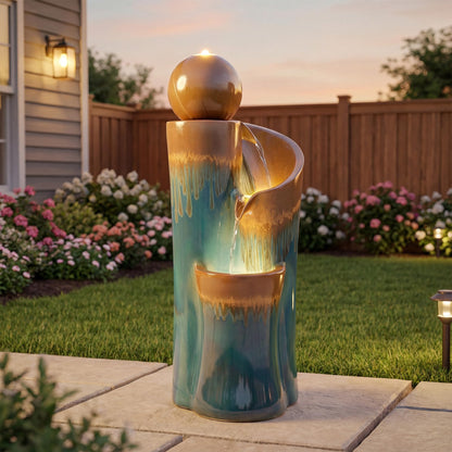 Ultym 32" H Ceramic Outdoor Water Fountain with LED Lights, 3-Tier Cascading Sphere Water Feature, Tranquil Waterfall for Relaxing Garden, Patio, Yard, or Porch, Teal & Copper Drip-Glaze Finish