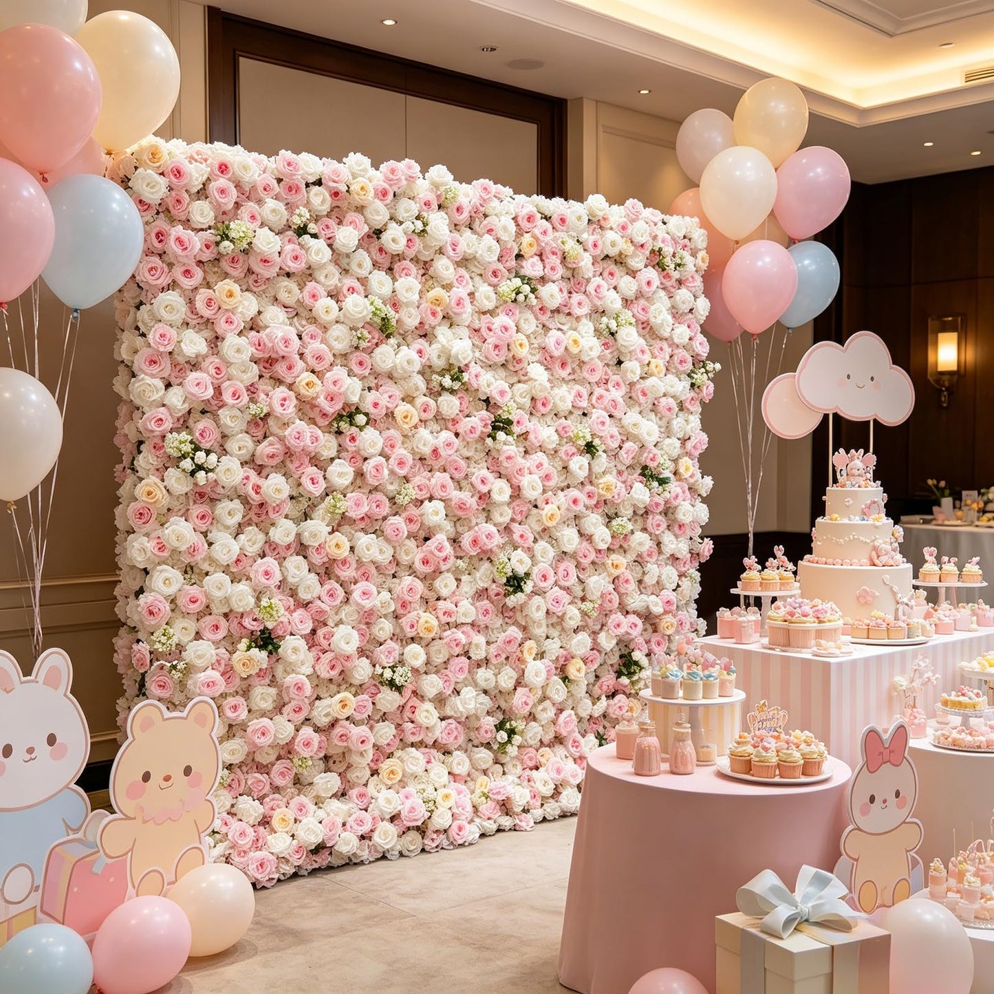 5D Artificial Silk Rose Flower Wall Backdrop, Pink and White Floral Wall, 8×8 Ft, Easy to Install and Store, Reusable, Perfect for Weddings, Birthday Parties, Garden and Home Decor, Without Stand
