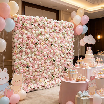 5D Artificial Silk Rose Flower Wall Backdrop, Pink and White Floral Wall, 8×8 Ft, Easy to Install and Store, Reusable, Perfect for Weddings, Birthday Parties, Garden and Home Decor, Without Stand