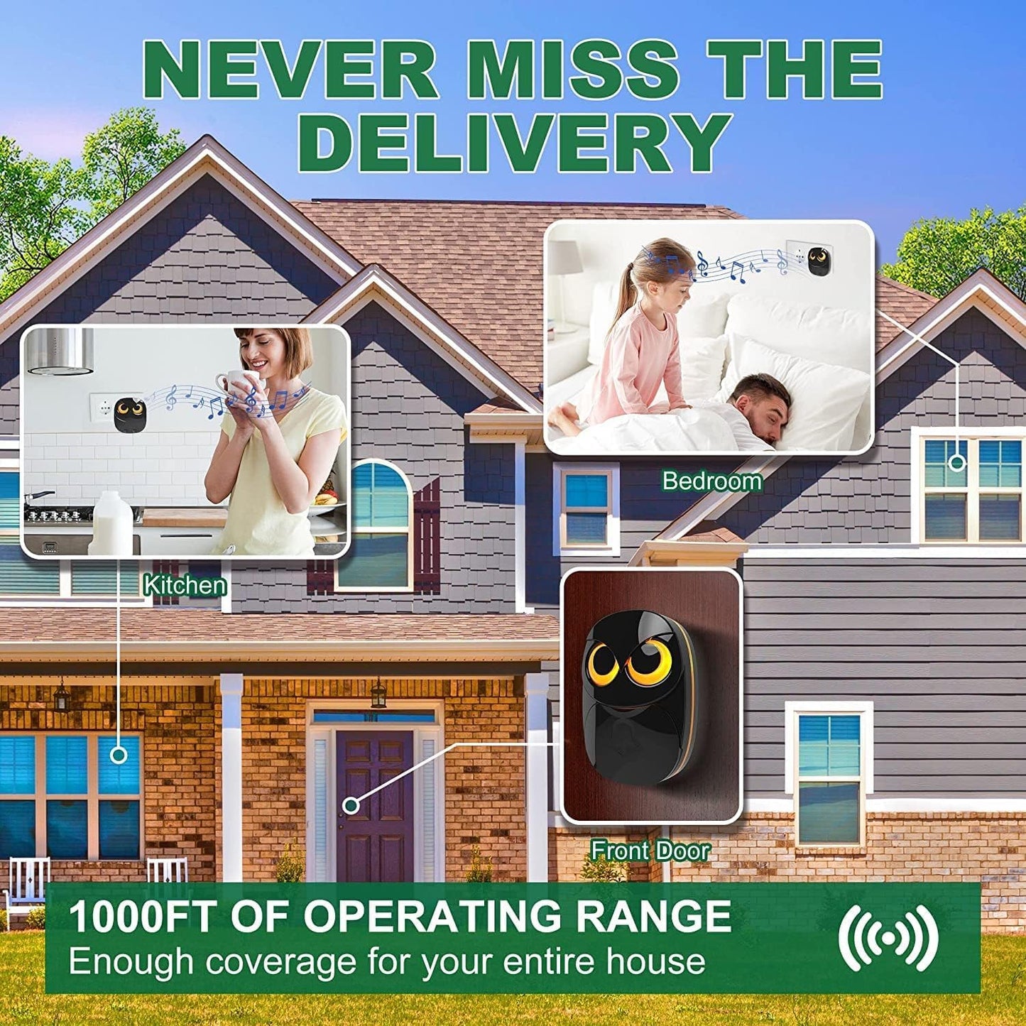 Wireless Doorbell, Cute Owl Doorbell Weatherproof IP55 Outdoor Remote Push Button- 1000 Feet Long Wireless Range, 1 Receiver + 1 Transmitter, Black