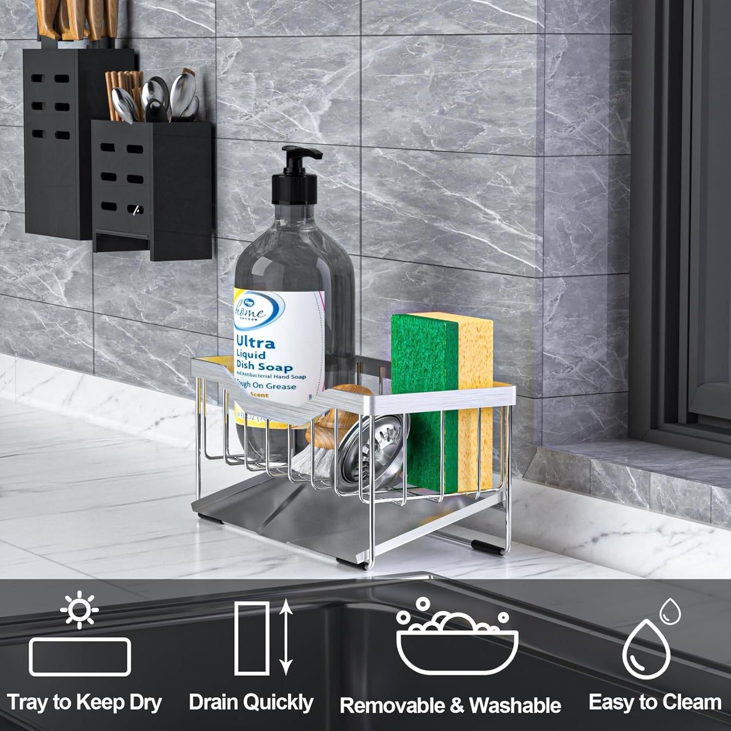 Counter (304 Vanwood Sponge Holder for Kitchen Sink with Auto Draining Tray, Sink Caddy Kitchen Sink Cocina Organizer