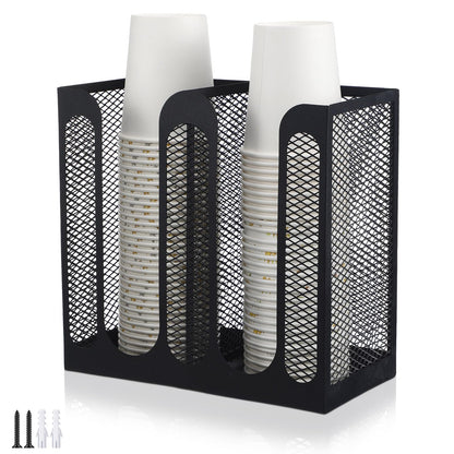 Maxcheck Metal Mesh Cup and Lid Holder Coffee Paper Cup Dispenser Lid Holder Storage Organizer Countertop or Wall Mount for Coffee Bar, Kitchen, Breakroom(2 Compartments,8.2 x 4.1 x 7.9 Inch)
