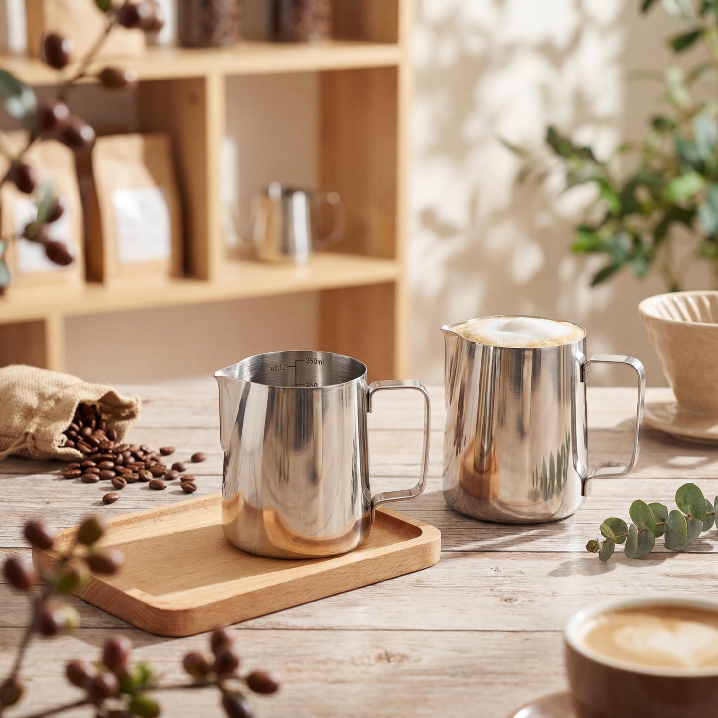 Honeydak 2 Pcs Milk Frothing Pitcher 304 Stainless Steel Steaming Pitchers for Coffee Bar Cappuccino Barista Tools Milk Jug Steamer Frother Cup (12 oz)