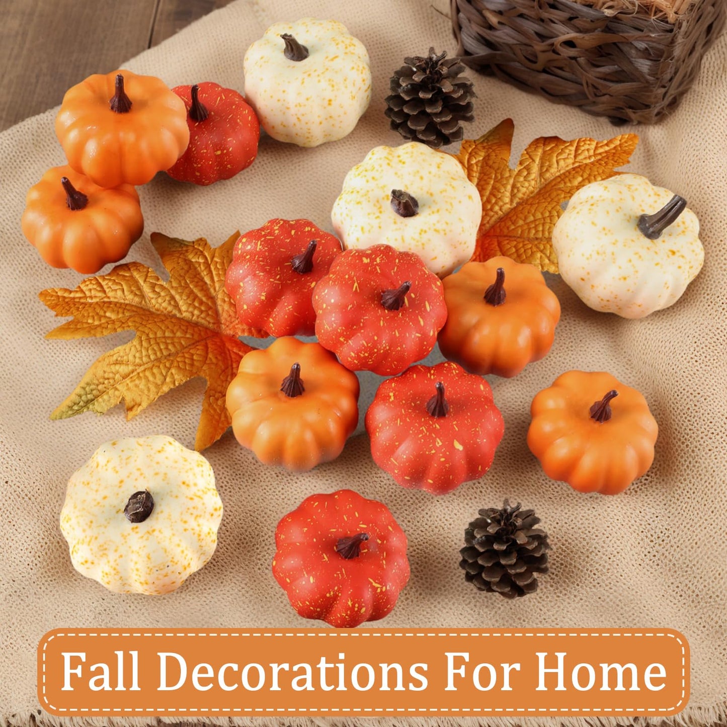 LZNPA 16PCS Artificial Mini Fake Pumpkins Set with Fall Leaves，Foam Plastic Carvable DIY Small White Craft Pumpkins Decor for Thanksgiving Halloween Home Fall Porch Table Decor
