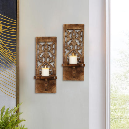 Wall Mount Rustic Candle Sconces Set of 2 - Wooden Floating Shelf Pillar Candle Holders, Farmhouse Wall Décor for Living Room & Bedroom - 16 Inch - Antique Burnt