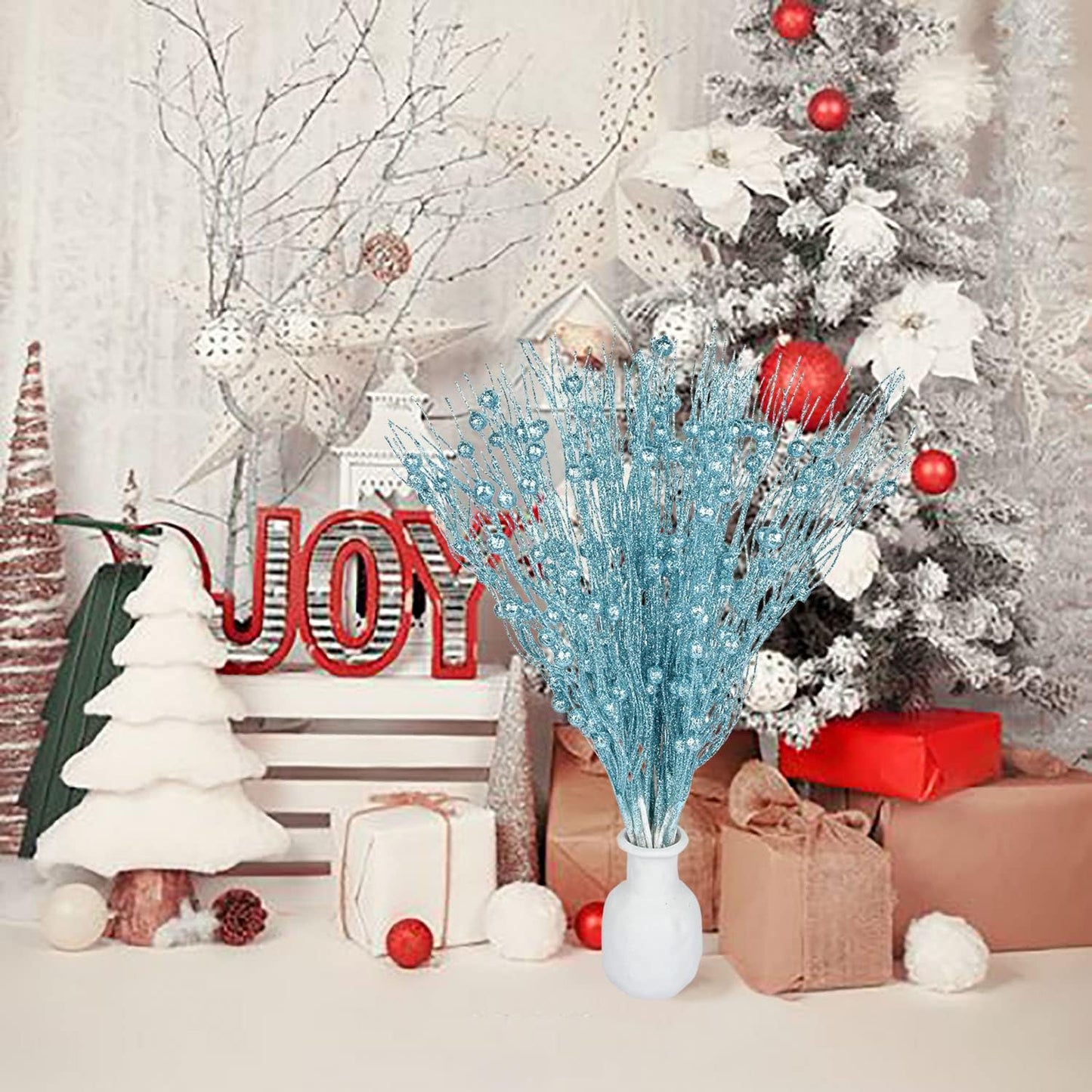 DearHouse 22 Pcs Christmas Glitter Berries Stems, 16.5 Artificial Picks for Holiday Crafts and Home Decoration (Blue)