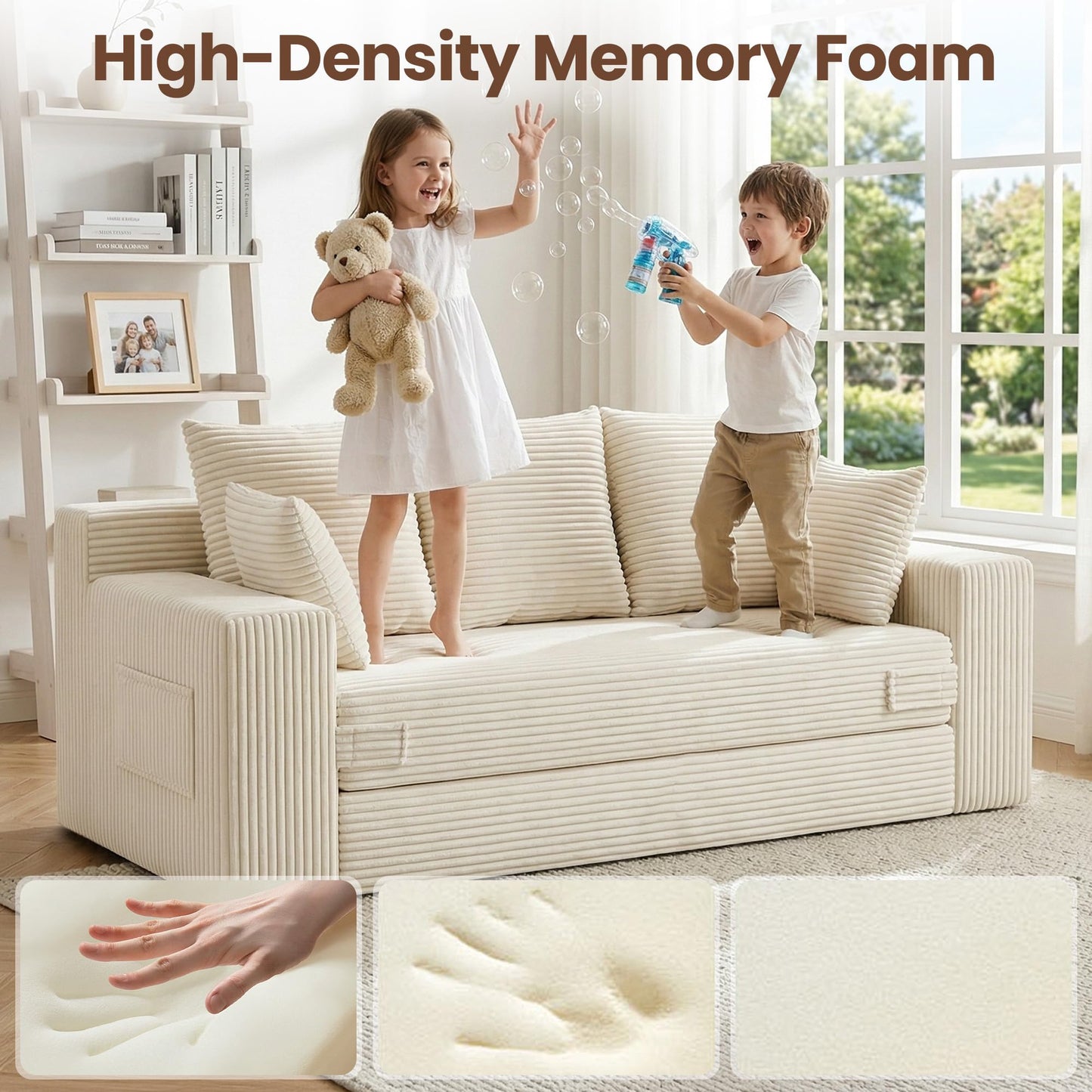 JUIKURY Boneless Couches 70 inch: 3-in-1 Convertible Sofa Bed Futon Couch Bed, Oversized Loveseat Sleeper Sofa with 5 Pillows, Beige Couch for Living Room, Bedroom & Small Space