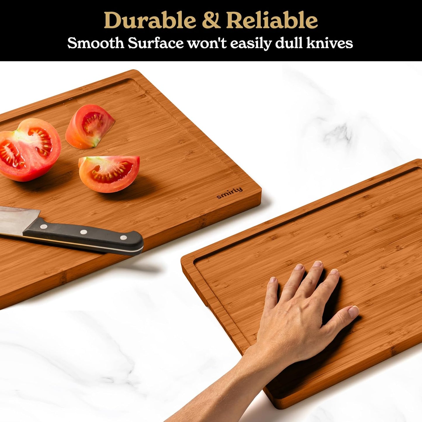 SMIRLY Large Bamboo Cutting Board for Kitchen, Wooden Board with Juice Groove