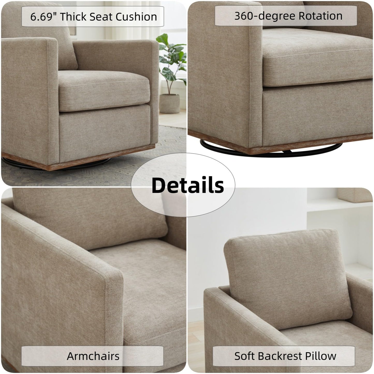 KEIKI 360° Swivel Club Chair with Backrest Pillow, Accent Square Single-seat Armchair Upholstered Sofa for Reading, Nursery, Living Room, Bedroom, Lounge, Hotel