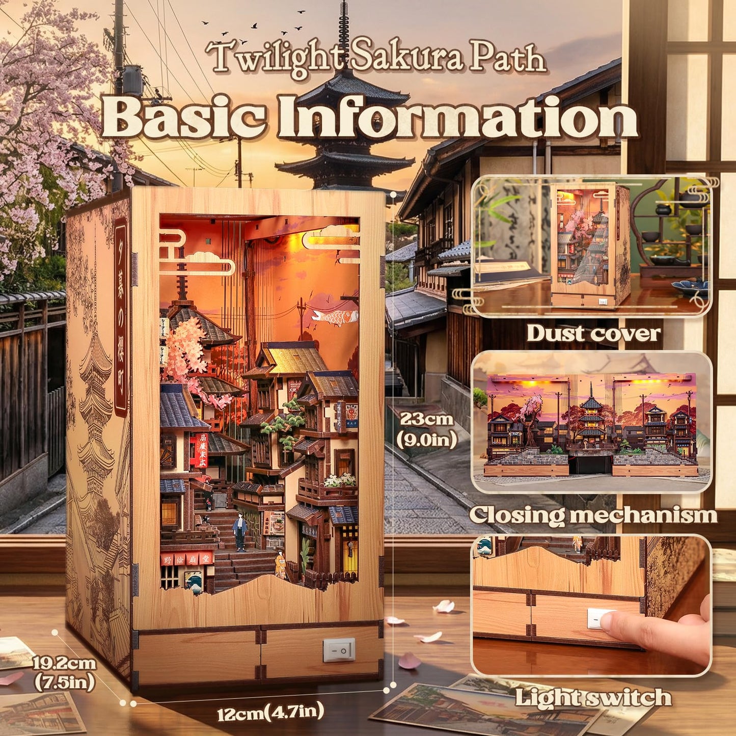 CUTEBEE Book Nook Kit – DIY Miniature House Diorama Kit for Adults, Japanese Kyoto Street Booknook Twilight Sakura Path, 3D Wooden Puzzle Bookshelf Insert, Fold-Out Dollhouse Decor Gift