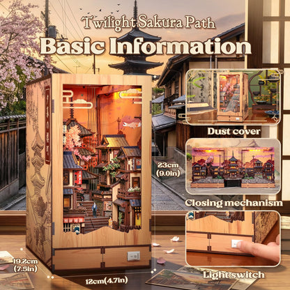 CUTEBEE Book Nook Kit – DIY Miniature House Diorama Kit for Adults, Japanese Kyoto Street Booknook Twilight Sakura Path, 3D Wooden Puzzle Bookshelf Insert, Fold-Out Dollhouse Decor Gift