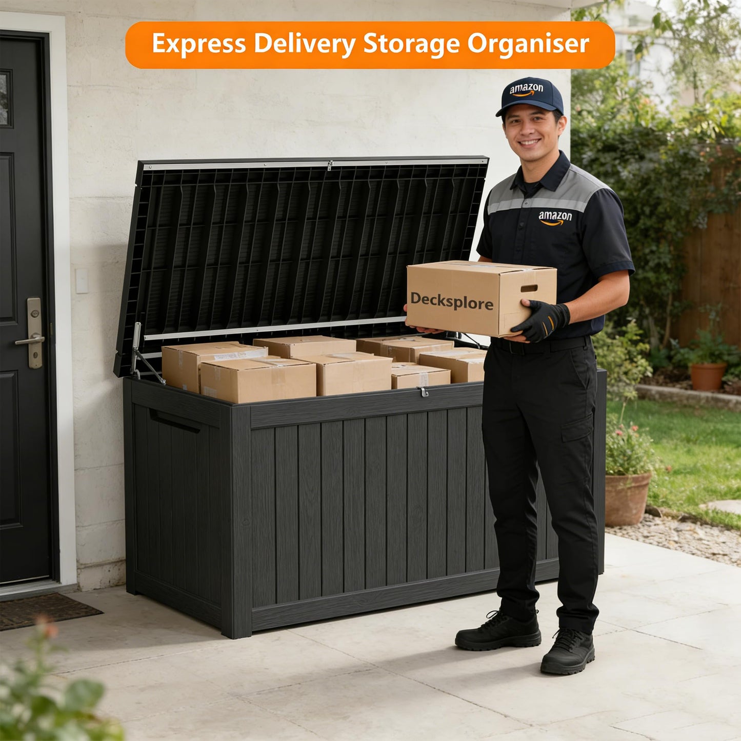 Decksplore 270 Gallon Outdoor Storage Box Resin Deck Box All Weather Waterproof Large Lockable Storage Container Deck Box for Patio Furniture, Garden Tools, Lockable, Black