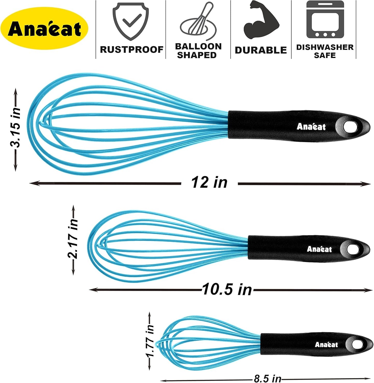 Anaeat Silicone Balloon Whisk - Perfect for Non-Stick Cookware, Heat Resistant Kitchen Whisks for Cooking and Baking