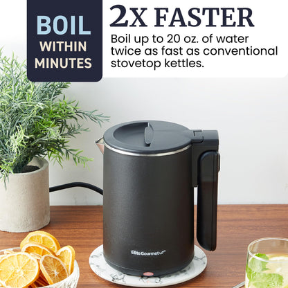Elite Gourmet Dual Voltage 120-230V, Travel Double Wall Insulated Cool-Touch, 0.6L Electric Kettle Stainless Steel Interior, Hinged-Locking Lid, Auto Shut-Off, Boil Dry Protection, Black