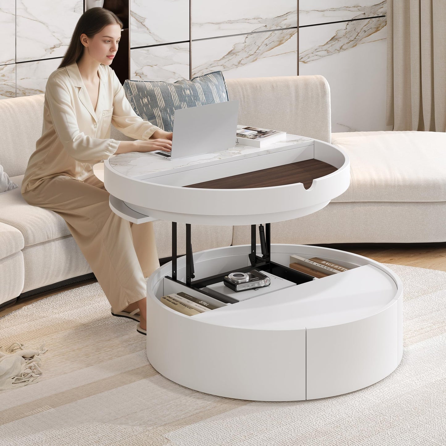 Merax 29.5" Lift-Top Round Coffee Table, with Hidden Storage & 1 Drawer, Marble and Wood Grain Dual-Tone Tabletop, Compact for Living Room Apartment, White