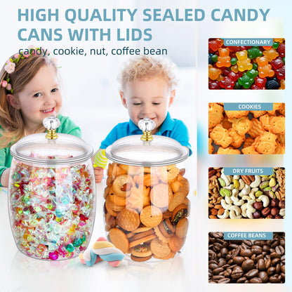 mwellewm 4 Pcs Candy Jars With Lids&Spoons 1/2 Gallon Clear Plastic Cookie Container Large Airtight Apothecary Storage Organization Hard Snack Buffet Canister for Wedding Home Kitchen Bar Decoration