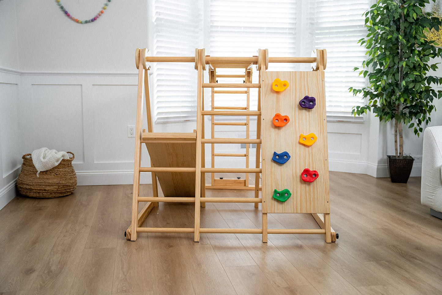 Avenlur 7-in-1 Indoor Playset for Kids 2-6 with Slide, Climbing Wall, Ladder, Net, Bars, Swing, Ring - USA