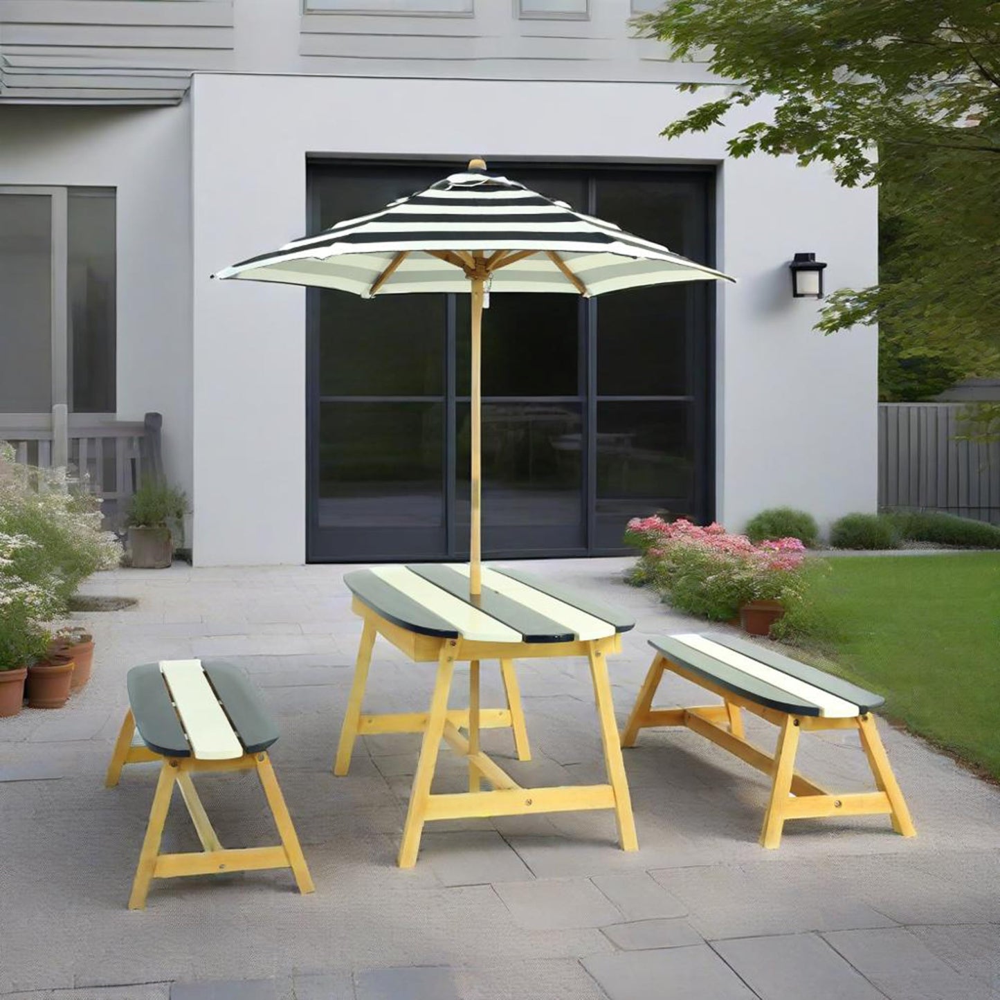 Gecheer Naturally Playful Kids Picnic Table with Umbrella – Indoor/Outdoor Wooden Table Set for 4 Children, Dark Blue, Round Corner Safety Design