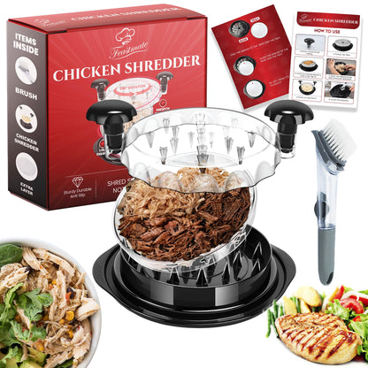 Chicken Shredder Tool Twist 10" Upgraded 3-Layer Meat Shredder for Chicken Breast, Pork & Beef | Transparent Visible Lid Food Shredder with Removable Plate, Soap Dispenser Brush, Non-Slip, BPA-Free