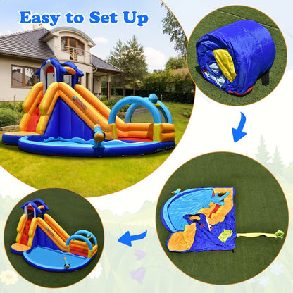 OLAKIDS Inflatable Water Slides, Shark Theme 14FT x 10FT x 8.5FT Bouncy House with Slide, Splash Pool, Climbing Wall, Water Gun, Outdoor Jumping Castle with Hose, Carry Bag, Stakes