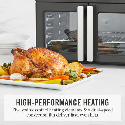 Martha Stewart French Door Air Fryer Toaster Oven Combo, 34QT Countertop Convection, 12-in-1, Bake, Broil, Roast, Fits 12” Pizza, Dehydrate, 5 Accessories, Air Fry Basket, Stainless Steel, Caviar Gray
