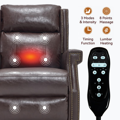 KEIKI Mid Century Modern Oversized Recliner Accent Chair for Adults, Manual Leather Recliner Chair with Back Massager and Heating for Living Room, Rocking Chaise Lounge Chair Indoor, Antique Brown