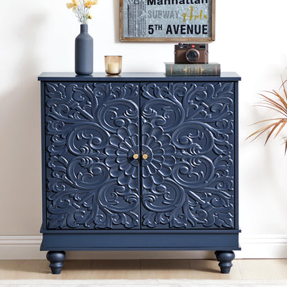 weselon Accent Cabinet Set of 2, Luxury Carving Board Buffet Cabinet with Storage, Storage Sideboard Entryway Table with 2 Doors and Adjustable Shelves (Midnight Blue)