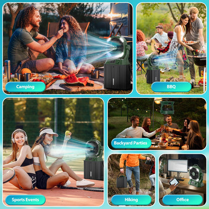 Wilody Portable Misting Fan Rechargeable with Remote Control, 6L Bucket Camping Fan with LED Lights & Stepless Speed Control & Cooling Mist, Portable Handle & Rotate Hook, Timer Function(Deep Green)