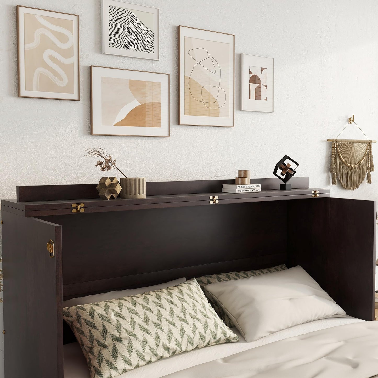 KEIKI Queen Murphy Bed w/Rattan Doors & Drawers, Space-Saving Foldable Wall Bed w/USB, Foldable Hidden Bed, Farmhouse Boho Style Guest & Living Room Bed, Espresso