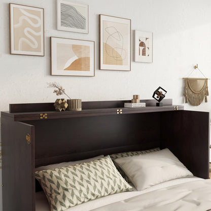 KEIKI Queen Murphy Bed w/Rattan Doors & Drawers, Space-Saving Foldable Wall Bed w/USB, Foldable Hidden Bed, Farmhouse Boho Style Guest & Living Room Bed, Espresso