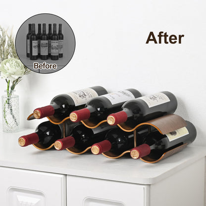 TRUDING Countertop Wine Rack - 7 Bottle Freestanding Wine Bottle Holder Stand - 2 Tier Wooden Wine Storage Rack - Walnut Wavy Wine Organizer for Cabinet Pantry Home Kitchen Bar