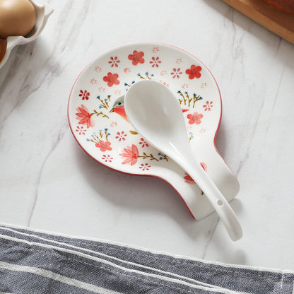 Magclay Hand Painted Spoon Rest, 5.5" Ceramic Spoon Holder for Stove Top and Kitchen Counter, Red Spring Bird Utensil Rest, Great Cooking Gifts for Bird Lover/Friend, Modern Kitchen Decorative