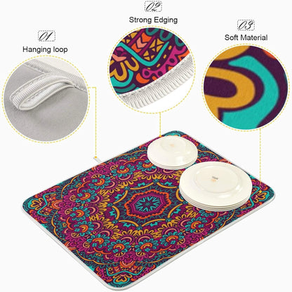 Boho Ethnic Dish Drying Mat - Bohemian Mandala Paisley Kitchen Countertop Mat, 16 x 18 Inch Absorbent