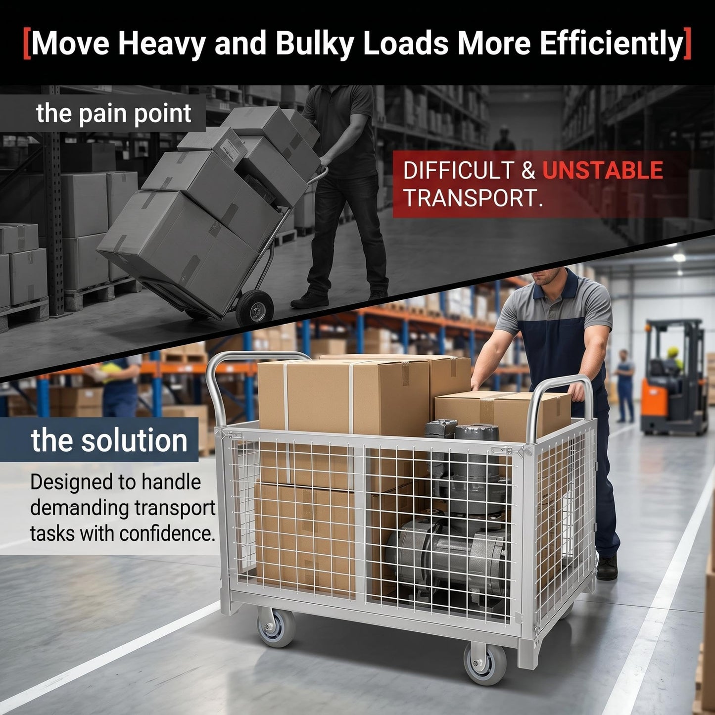 Platform cart, with cage, 4-in-1 Multi-Purpose Rolling Heavy-Duty cart, Rollable Folding cart, Load Capacity 2200 pounds, pushcart with 4 Wheels, Used in Grocery Stores,garages, Warehouses (Silver)