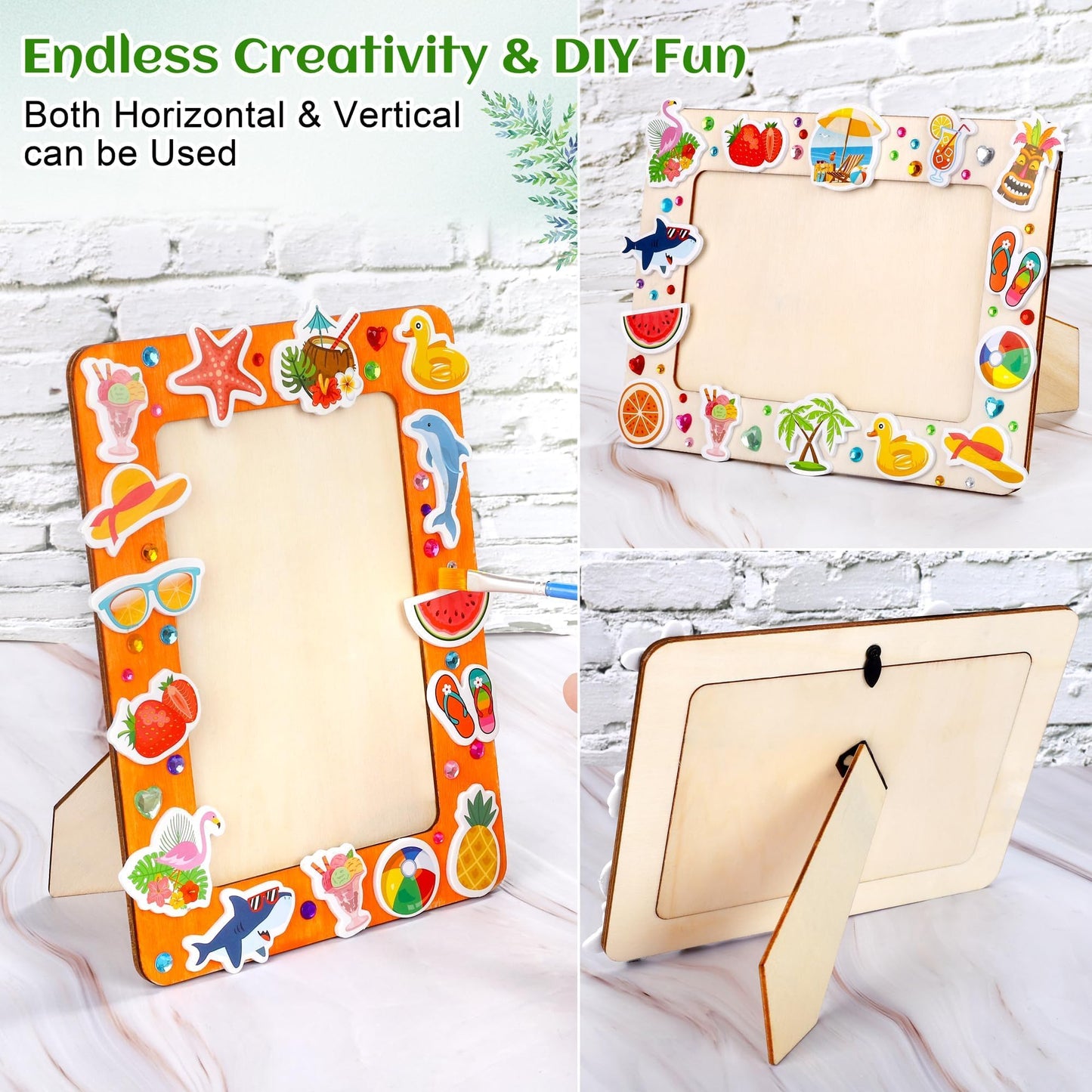 Fovths 24 Packs Summer Picture Frame Painting Craft Kit with 150 Stickers 2 Rhinestone Stickers Painting Tools Set 4 Brushes for DIY Kids Crafts Decorate