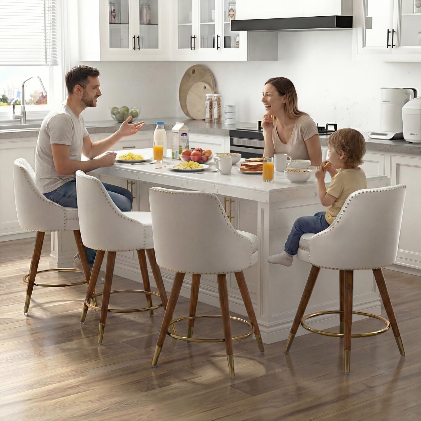 Sucrever Counter Height Bar Stools Set of 4, 24" Leather White Bar Stools with Backs, Swivel Counter Stools with Wooden Legs for Kitchen, Dining Room, Bar, Cream White