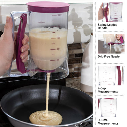 Pancake Batter Dispenser - 4-Cup Batter Dispenser with Squeeze Handle for Pancakes, Waffles, Muffins, and Crepes - Baking Tools (Purple)
